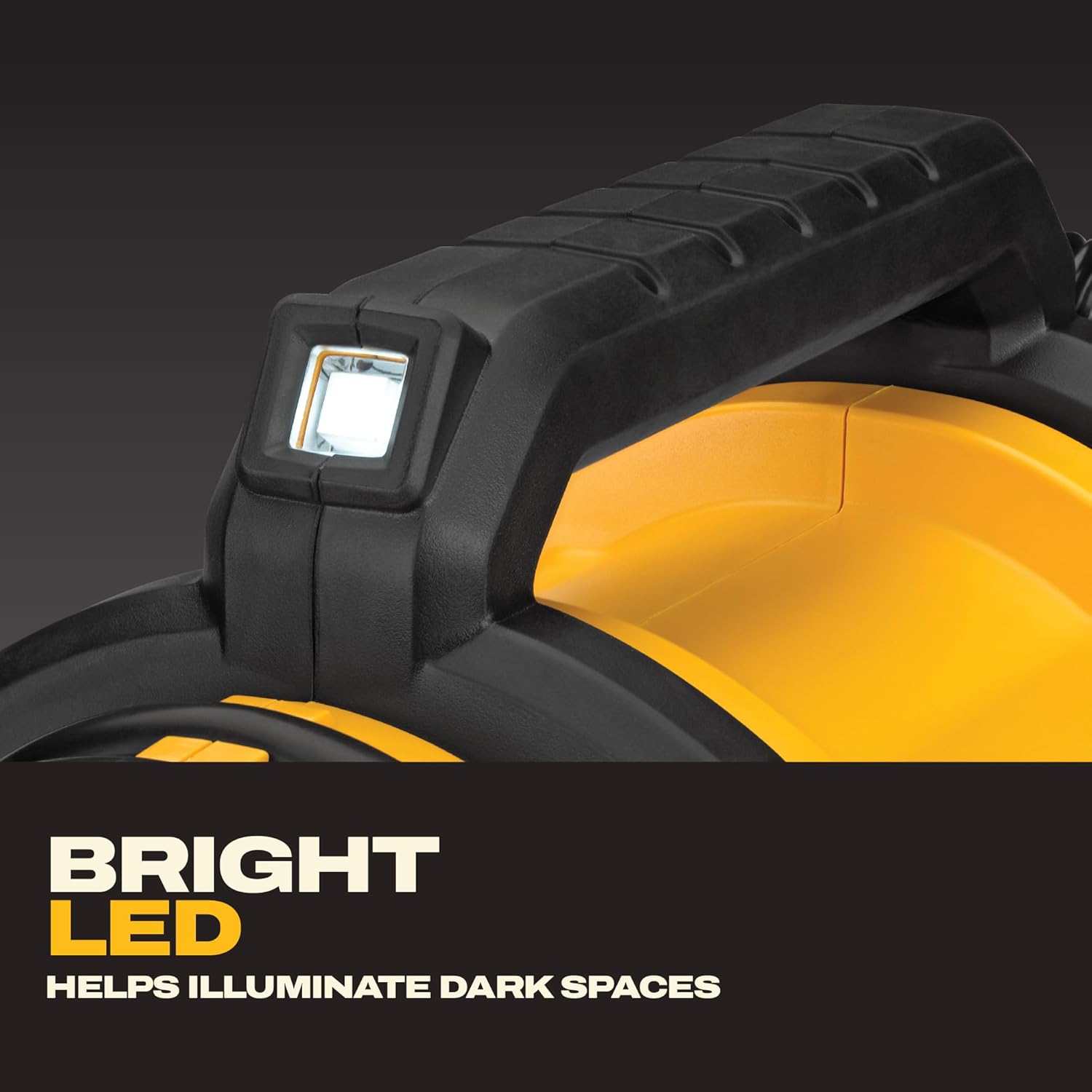 Close-up of the LED lamp built into the moulded carrying handle, lit